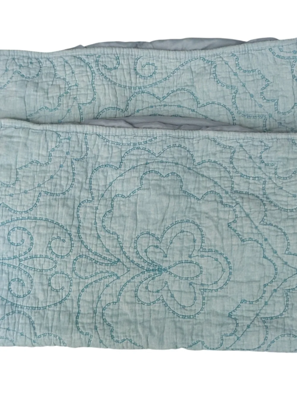 Vintage French Antik Batik Quilted Pillow Shams Pair Blue Cotton Standard Boho
